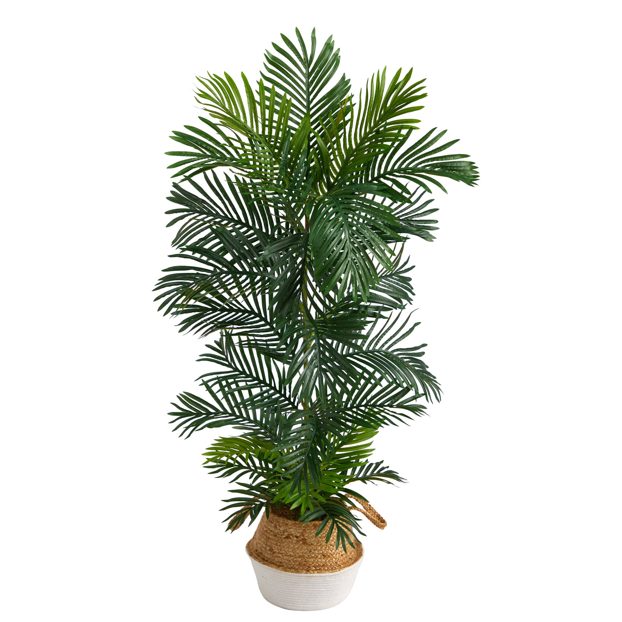 5ft. Areca Artificial Palm Tree in Boho Chic Handmade Cotton & Jute White Woven Planter UV Resistant (Indoor/Outdoor)